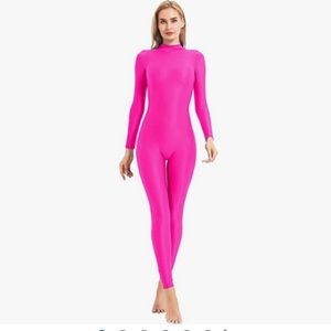 women’s hot pink high neck full bodysuit zip long sleeve unitard